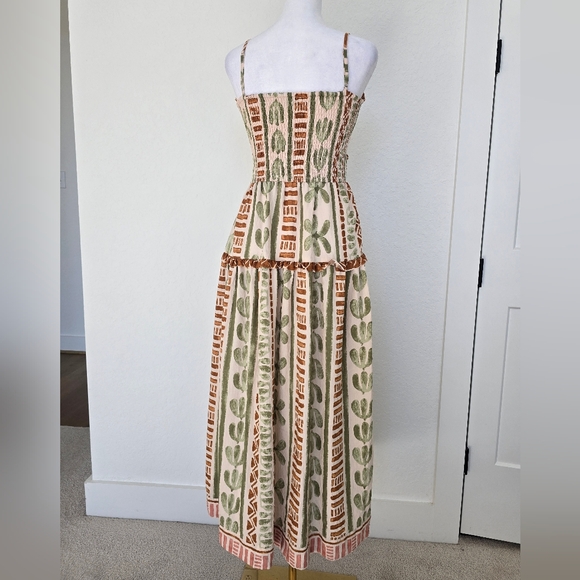 The Bahamas Cutout Smocked Maxi Dress- Green Brown Border Print M - Picture 4 of 10